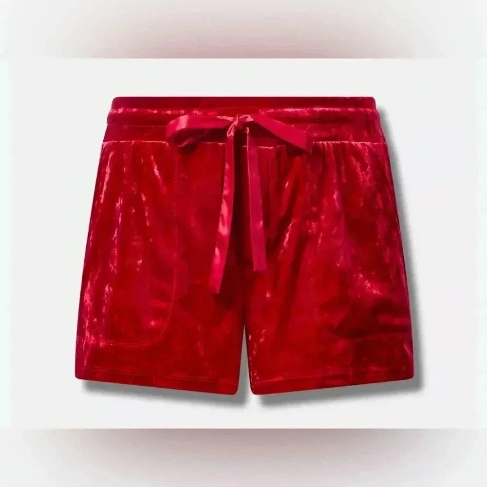 Torrid Crushed Velour Sleep Short in Jasper Red with Drawstring Waist,Pockets; 1